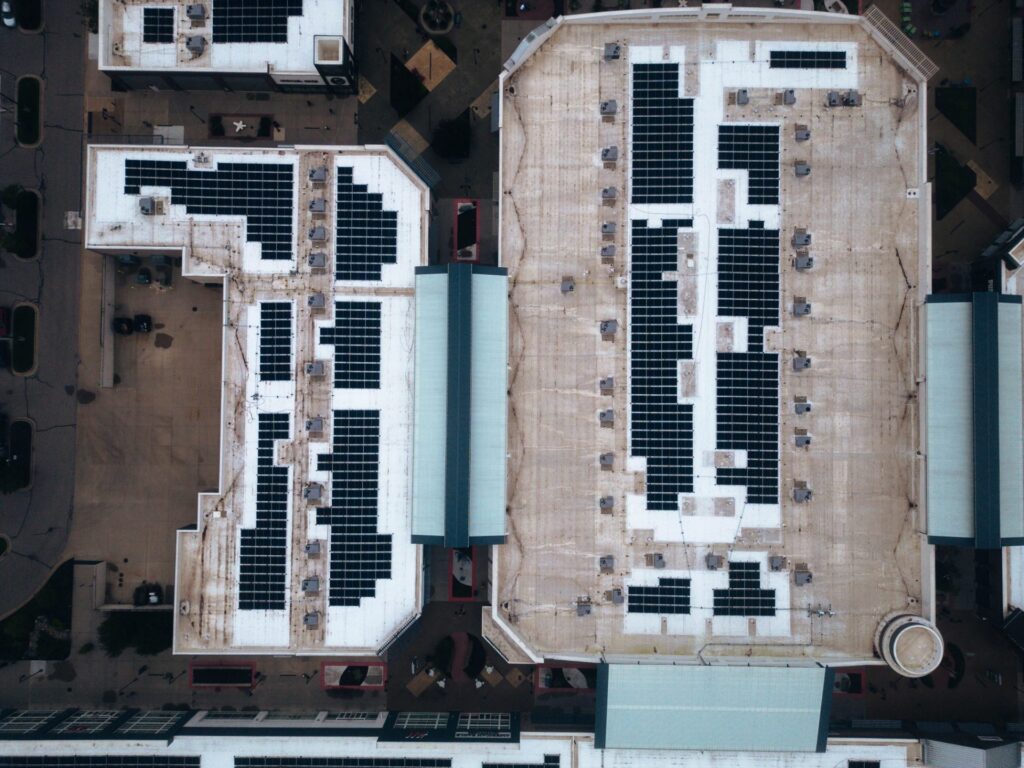 Aerial view of rooftop solar at a retail outlet center in Grand Rapids, MI