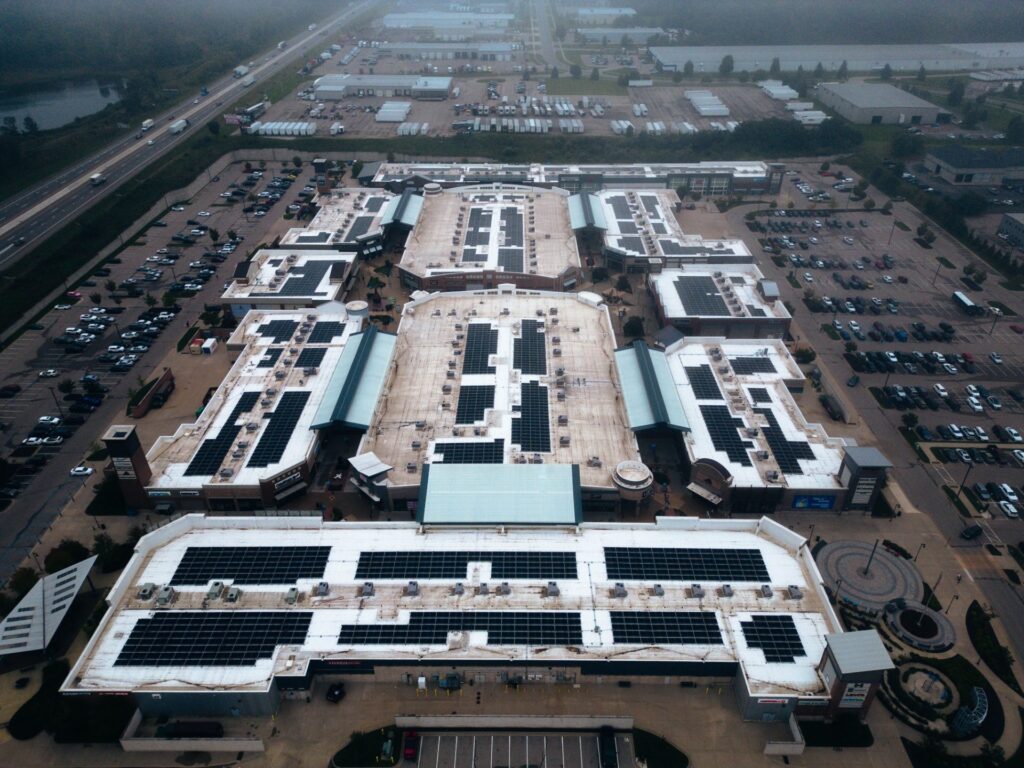 Rooftop solar array on retail outlet center buildings in Grand Rapids, MI
