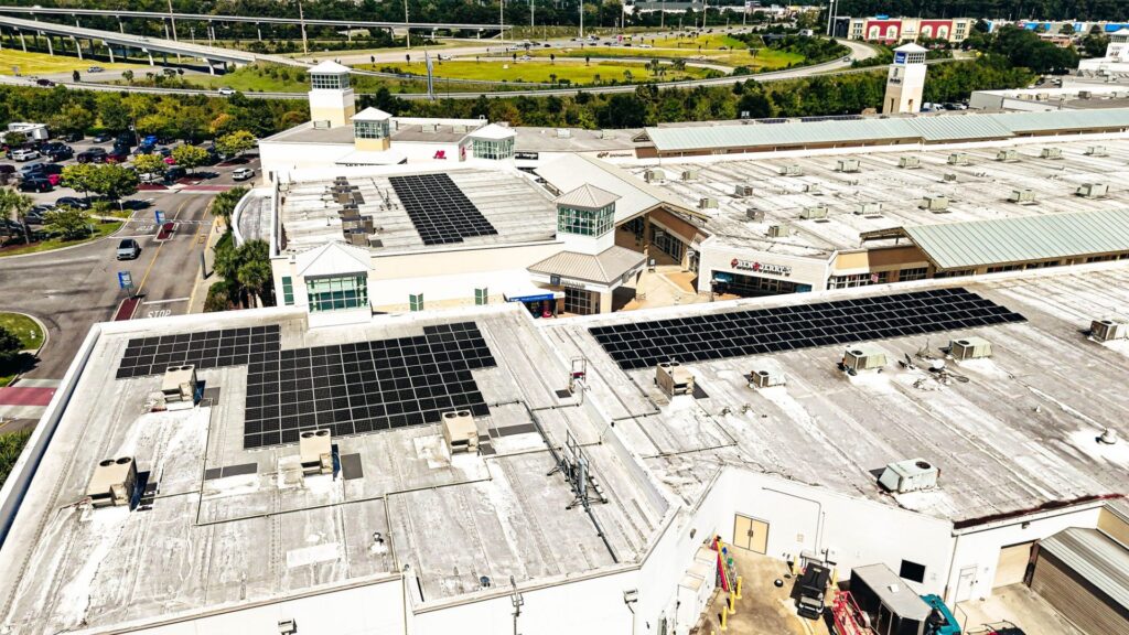 Aerial view of rooftop solar at a retail outlet center in Myrtle Beach, SC