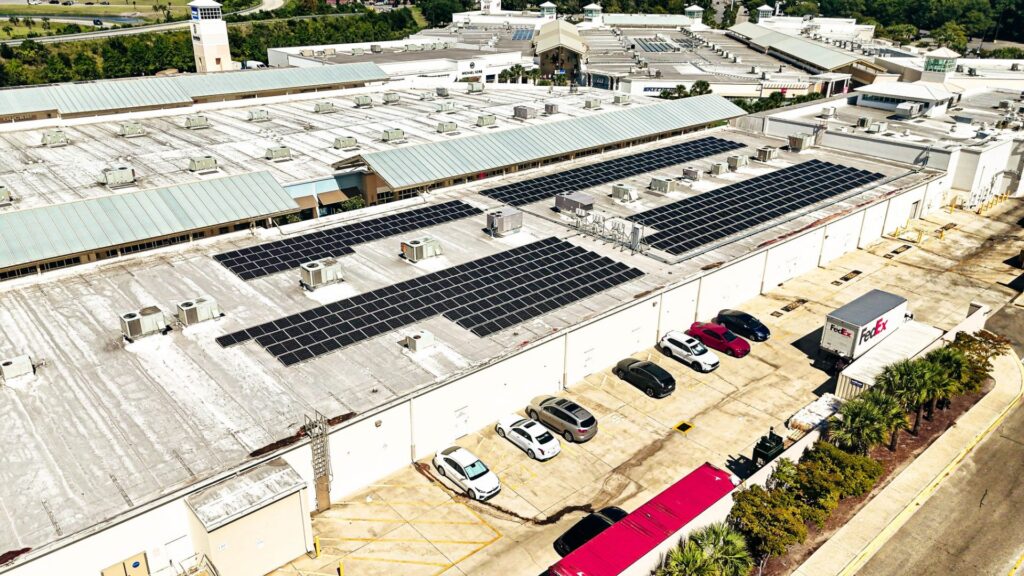 Rooftop solar array on retail outlet center buildings in Myrtle Beach, SC